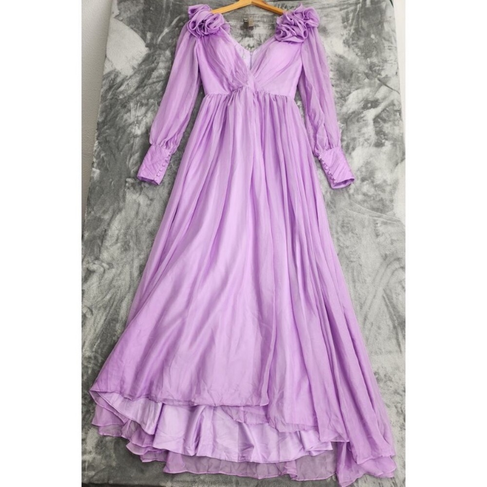 Hebeos V-Neck Chiffon Balloon Sleeve Side Slit Ruffled Shoulder Dress Size 12